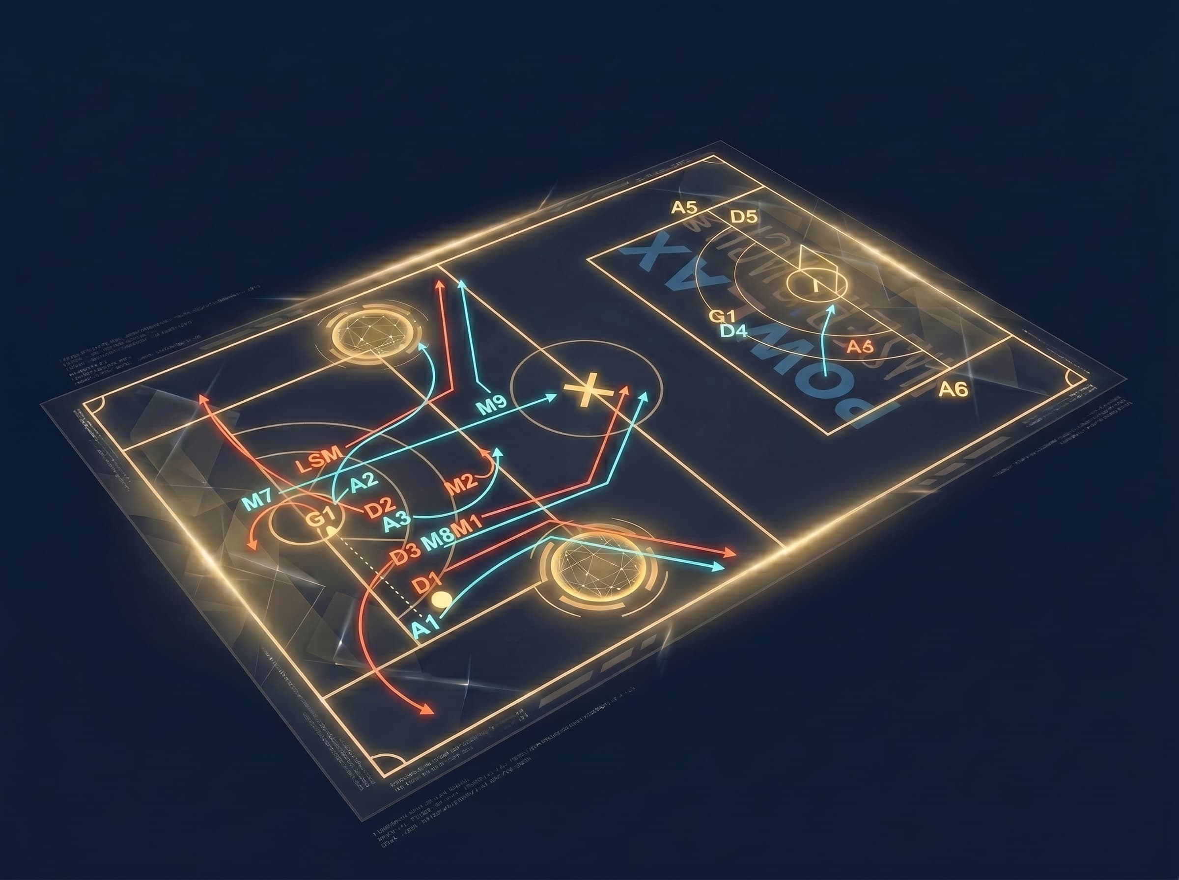Glowing POWLAX lacrosse play diagram on a dark navy field with gold and blue player movement paths and labeled positions