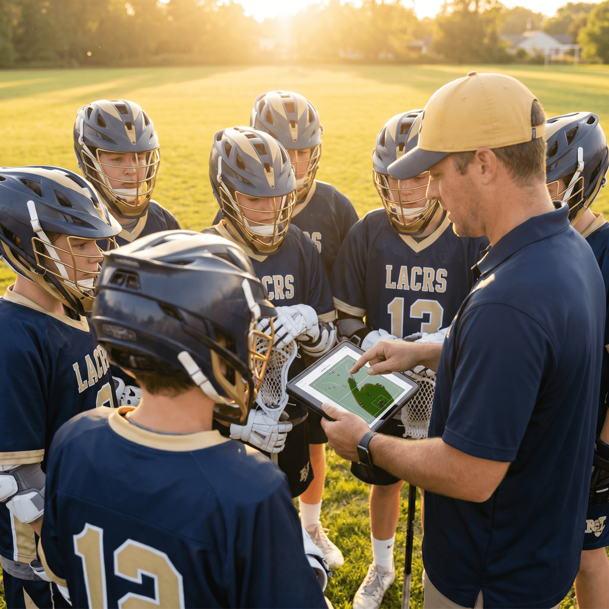 Youth lacrosse team huddled around a tablet showing a practice plan