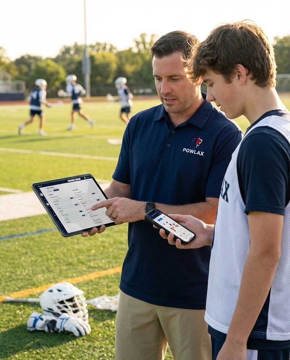 POWLAX coach in a navy polo showing a player a practice plan on a tablet on the sideline during practice