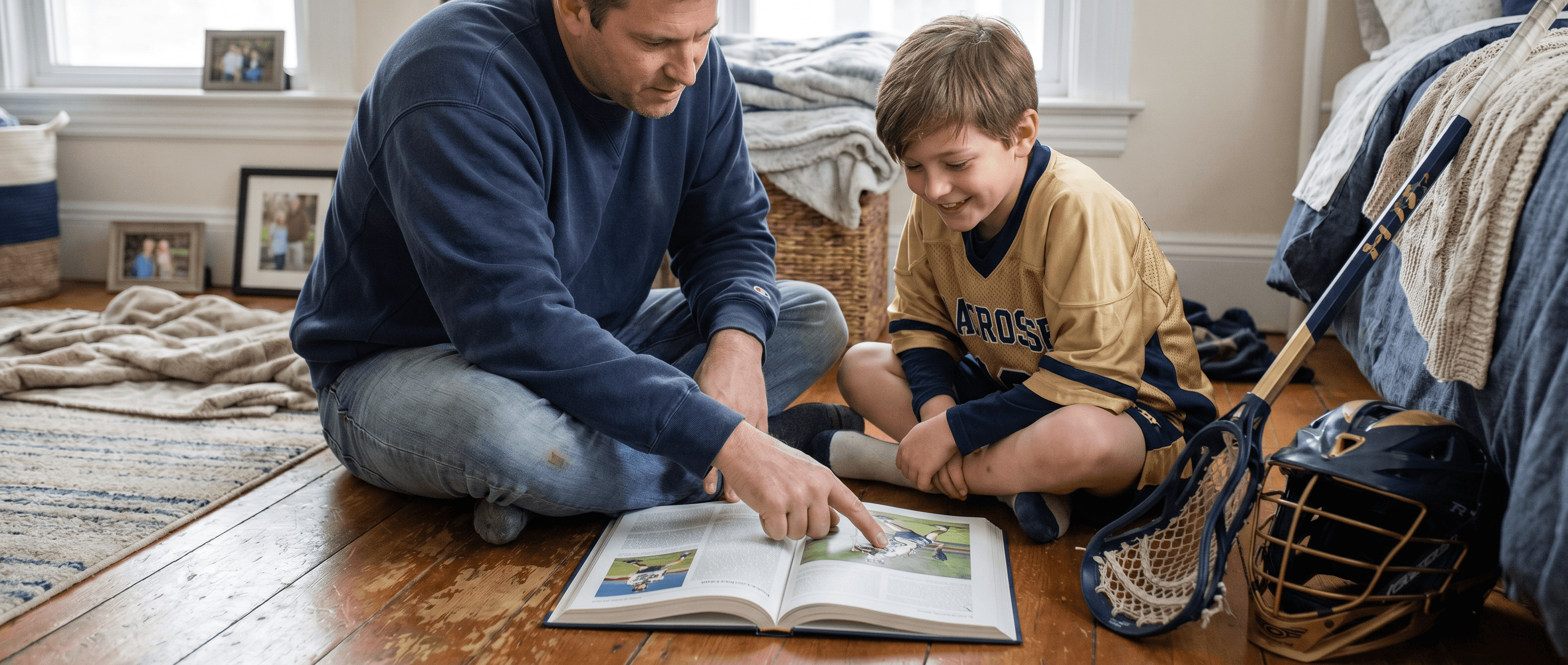 Lacrosse family reading the Player & Parents Guide to Lacrosse together